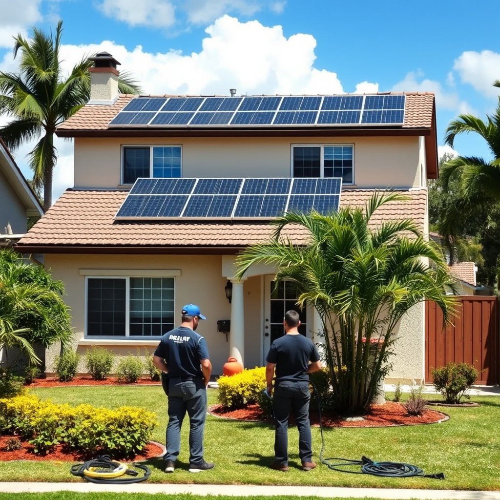 Solar panel cleaning professionals at work on a residential roof in West Palm Beach, FL.