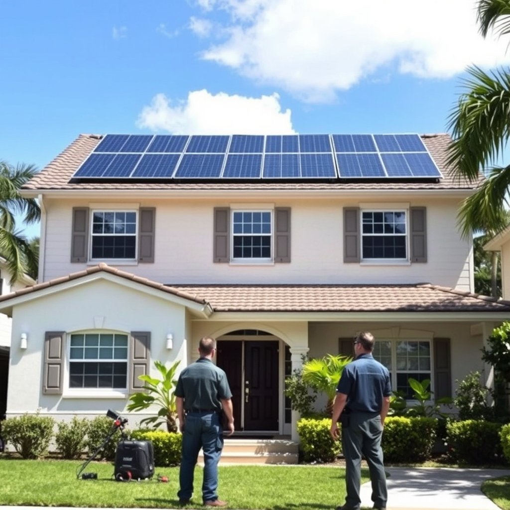 Two technicians performing solar panel cleaning on a residential roof with solar panels in West Palm Beach, FL.