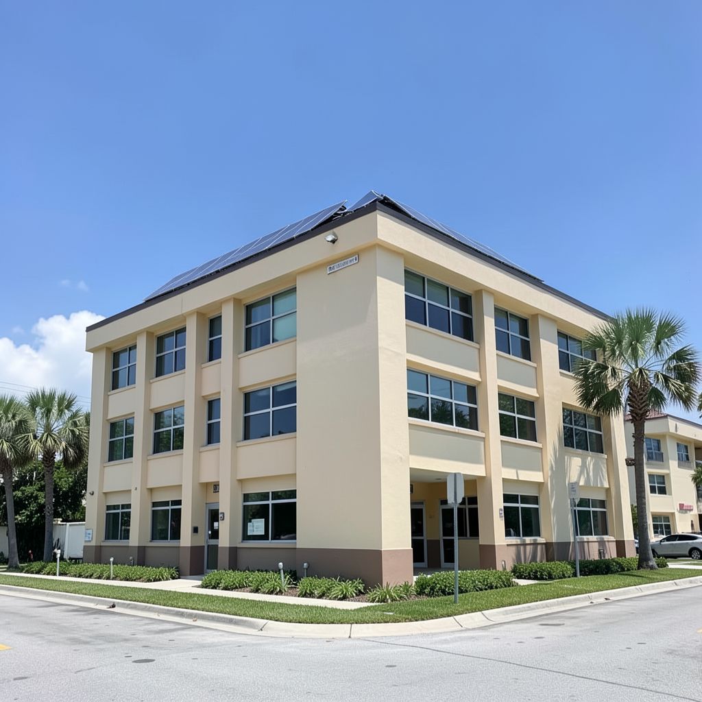 Commercial solar panel cleaning service at a low-rise building in West Palm Beach Florida features clean solar panels along the rooftop edge.