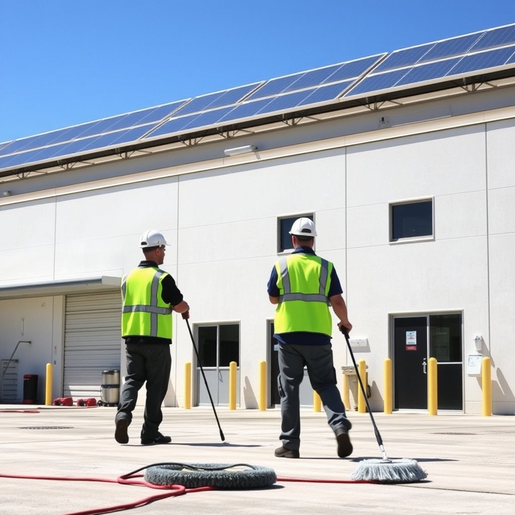 Solar panel cleaning service technicians preparing to clean the panels in front of a commercial building with solar panels on the roof in Boynton Beach Florida