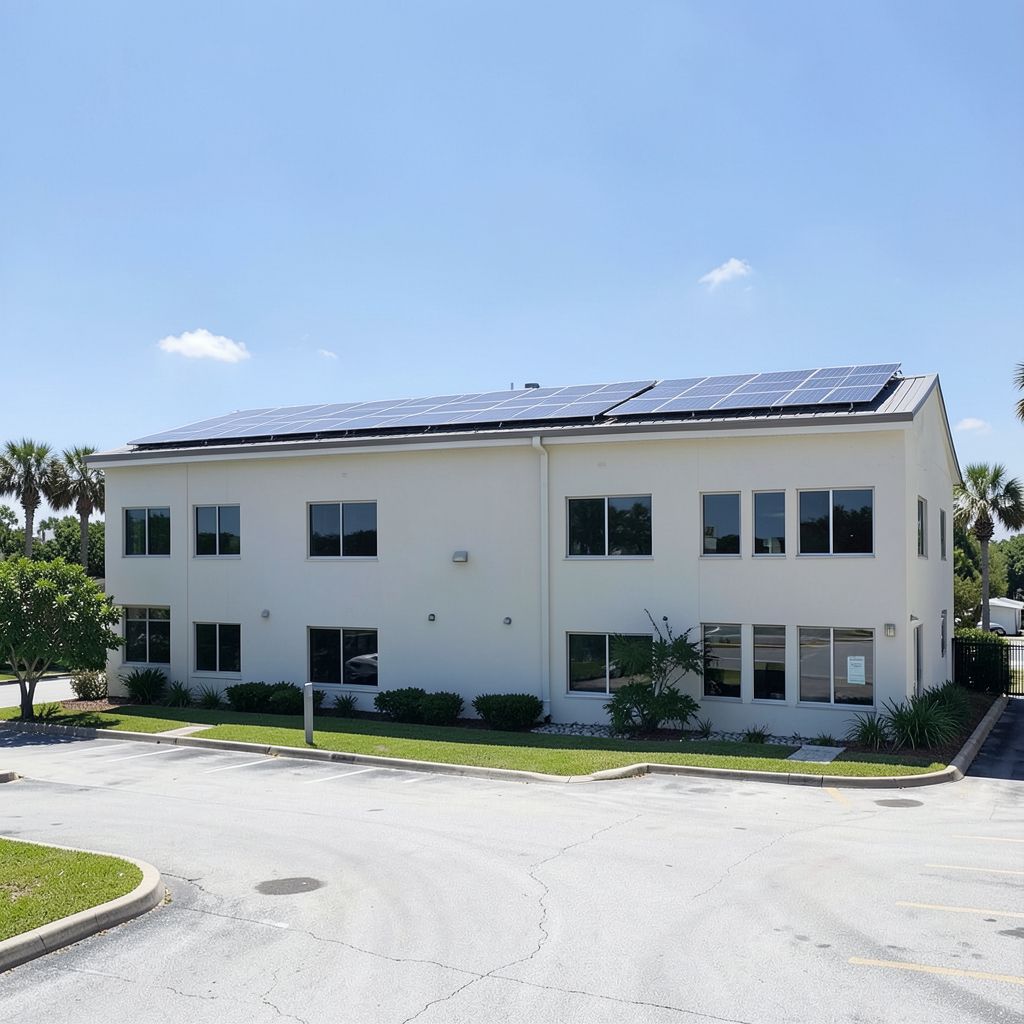 Commercial solar panel cleaning service in progress on a Jupiter Florida rooftop with solar panels along the roof edge.