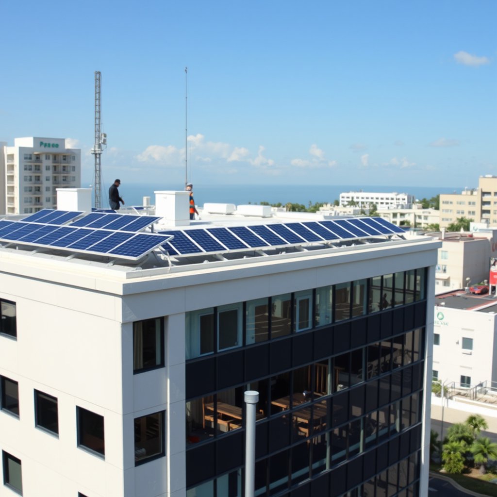 Solar panel cleaning service in progress on a rooftop in Lake Worth, Florida.