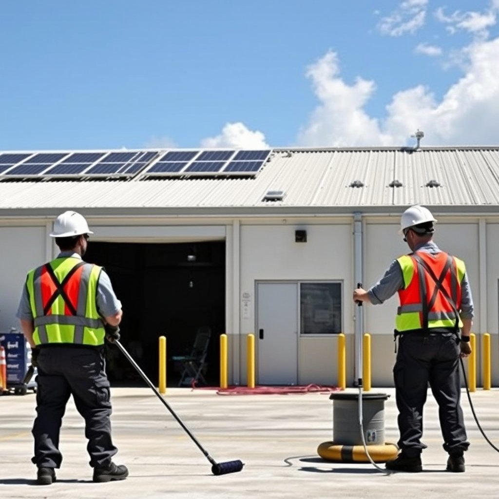 Solar panel cleaning technicians on a commercial rooftop in North Palm Beach, Florida.