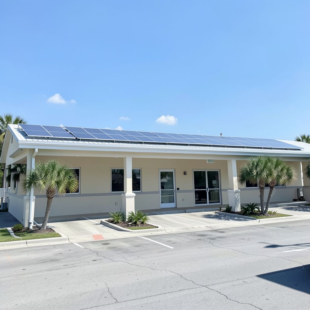 Commercial solar panel cleaning service at a retail strip center in Palm Beach Florida with rooftop solar panels along the roof edge.