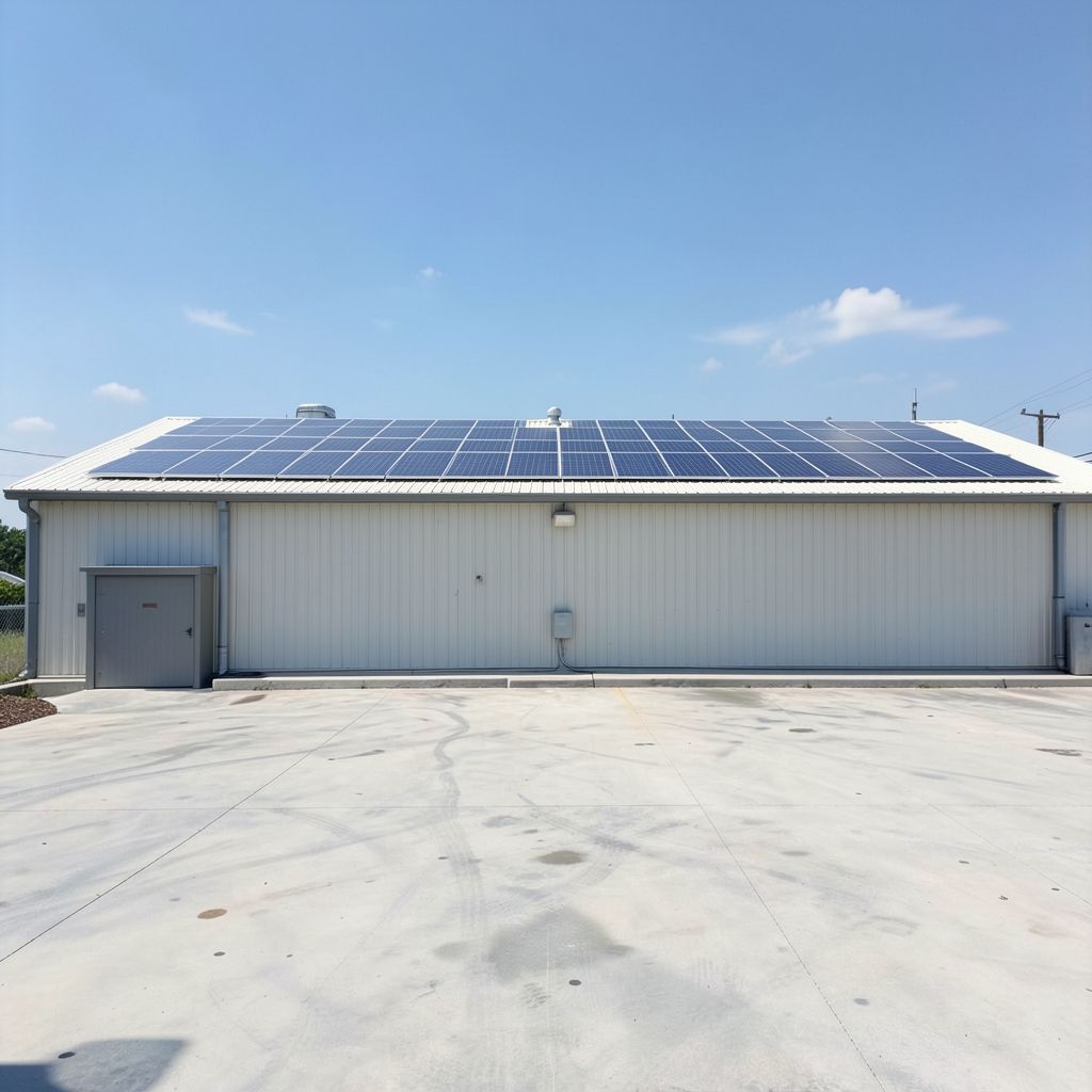 Commercial solar panel cleaning service on a rooftop in West Palm Beach Florida featuring solar panels along the roof edge of a warehouse.