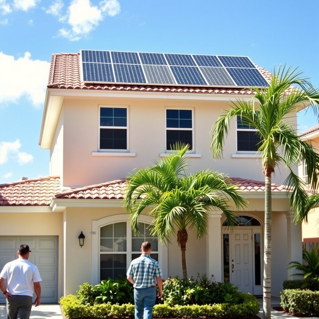Two technicians cleaning solar panels on a residential roof in West Palm Beach, FL.