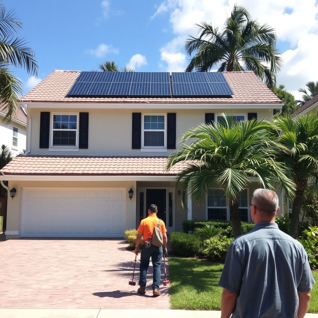 Two technicians from a West Palm Beach solar panel cleaning service stand outside a house with solar panels on the roof in the Florida sun.