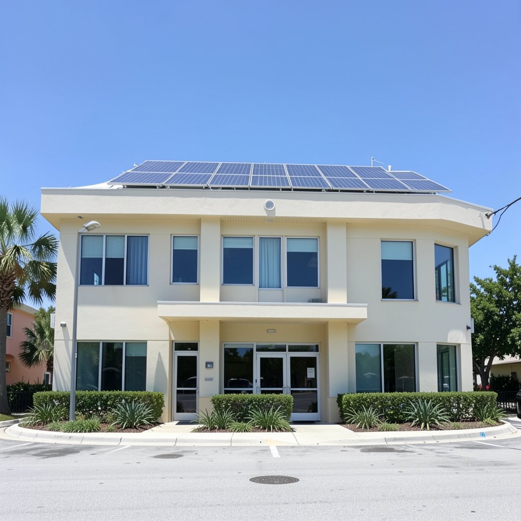 Commercial building in West Palm Beach, FL with solar panels installed on its front roofline.