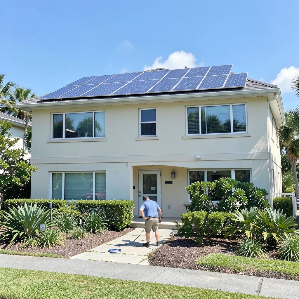 Technician in West Palm Beach, FL, inspecting rooftop solar panels on a two-story home with clean and well-maintained solar panels.
