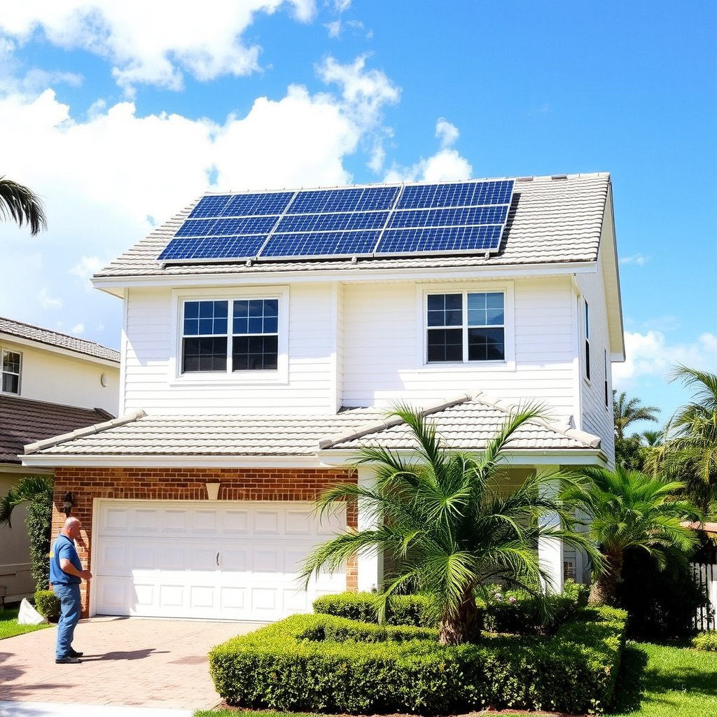 Solar panel cleaning service in progress on a residential home with solar panels in West Palm Beach Florida.
