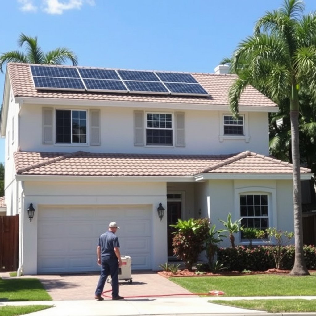 Solar panel cleaning service in progress on a two-story house with solar panels in West Palm Beach, FL.
