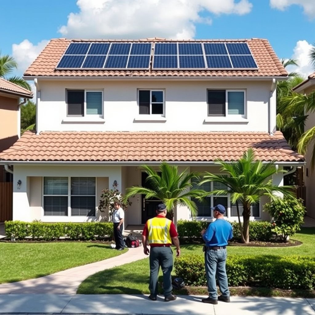 Solar panel cleaning service technicians maintaining solar panels on a two-story house with a tiled roof in Boynton Beach, Florida.