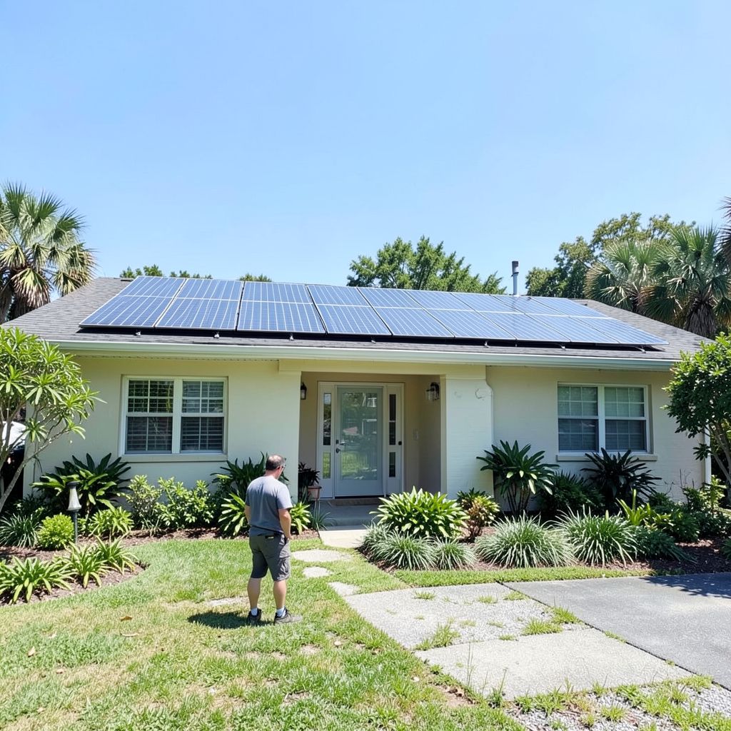 Residential solar panel cleaning service technicians at work on a Jupiter Florida home's rooftop solar panels.