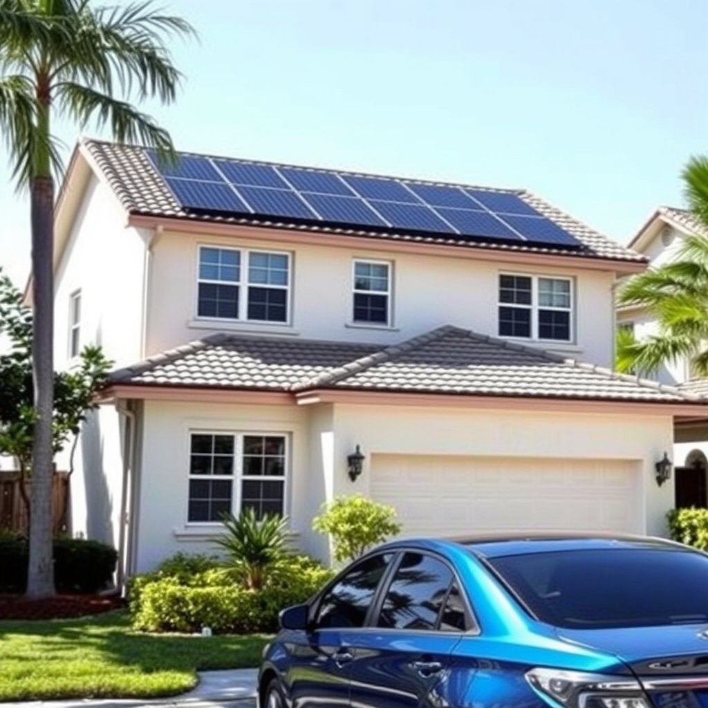 Solar panel cleaning service in Lake Worth Florida with solar panels on a two-story house roof.