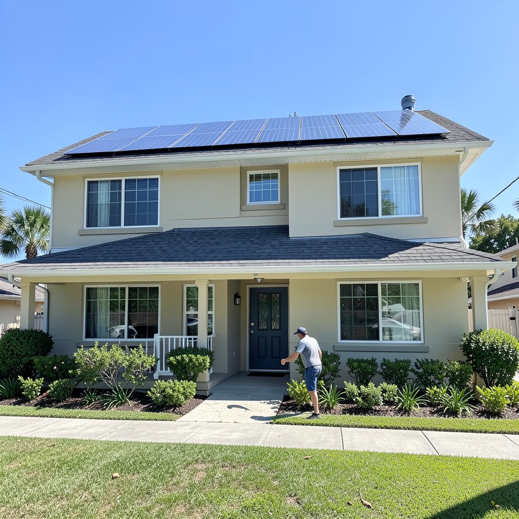 Residential solar panel cleaning service in Lake Worth Florida with technician cleaning solar panels on a two-story home rooftop.