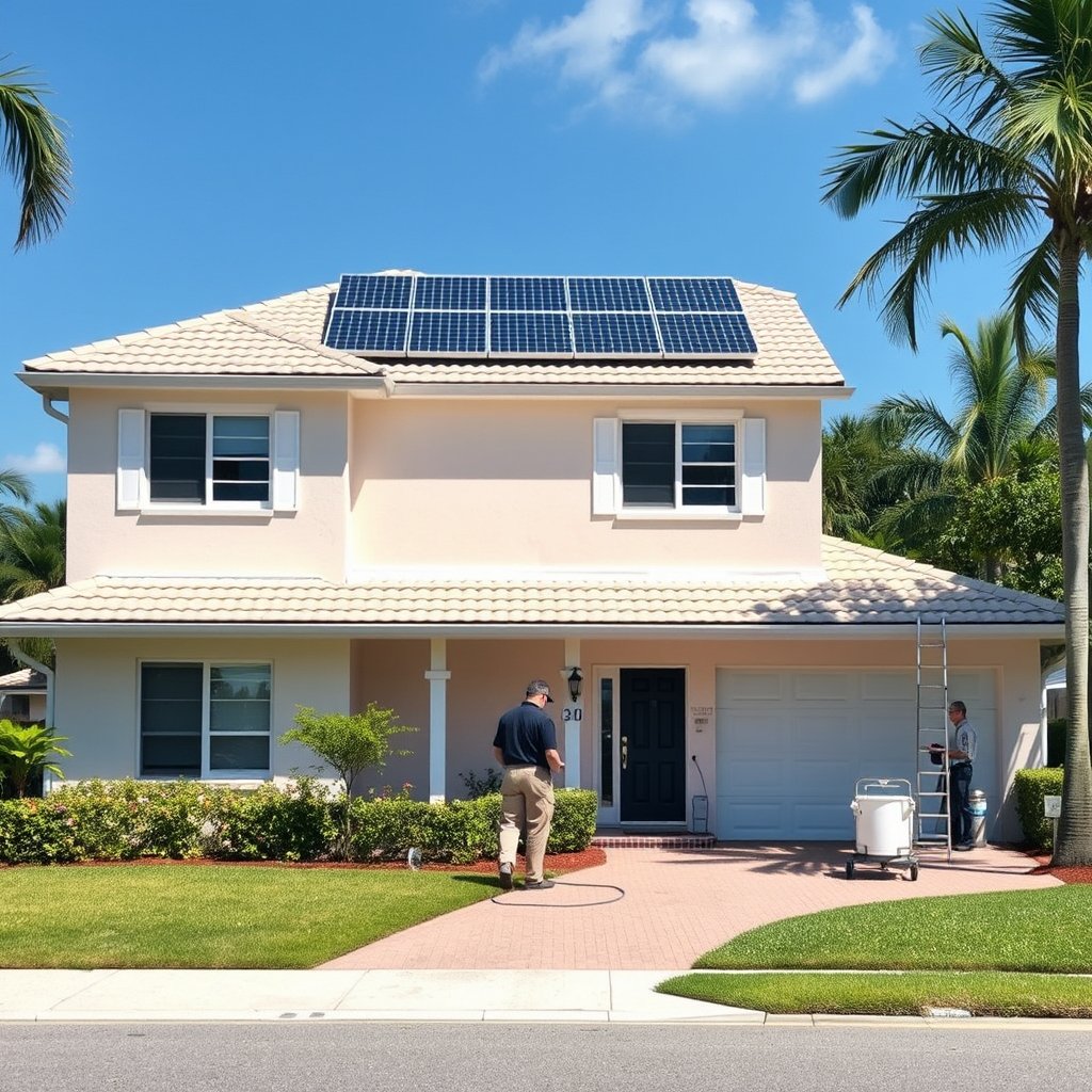 Solar panel cleaning service in North Palm Beach, Florida, expertly cleaning solar panels on a two-story house roof.