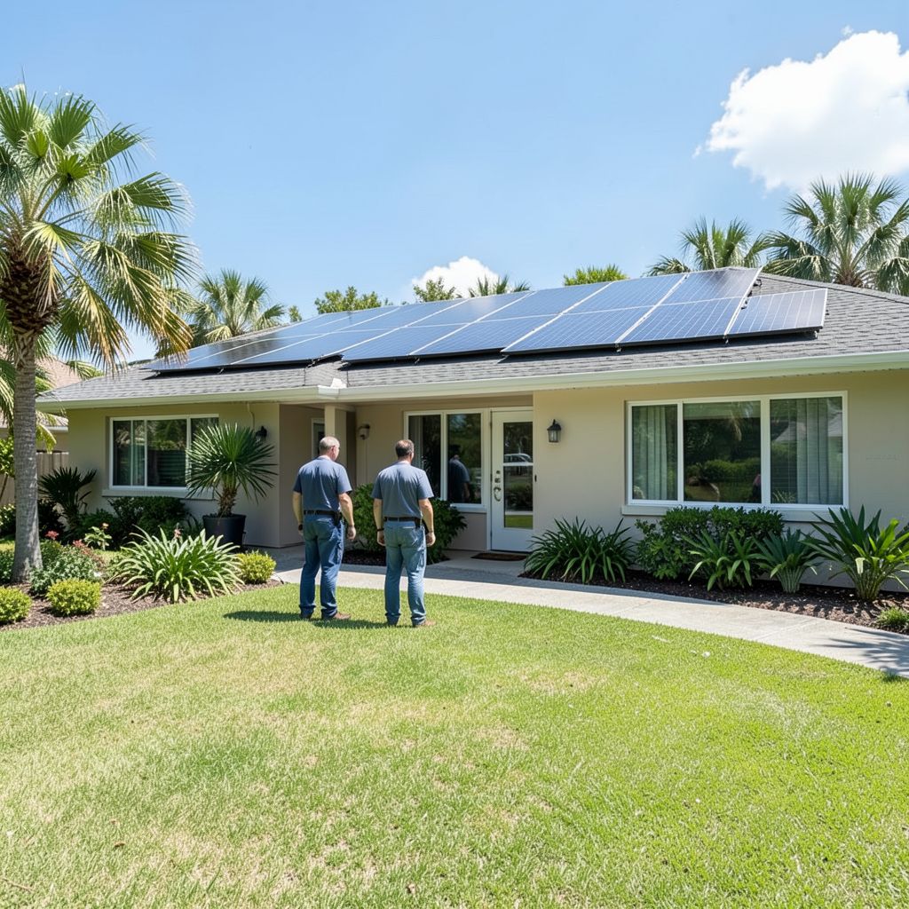 Residential solar panel cleaning service technicians in Palm Beach Florida clean streak-free solar panels on a single-story home rooftop.