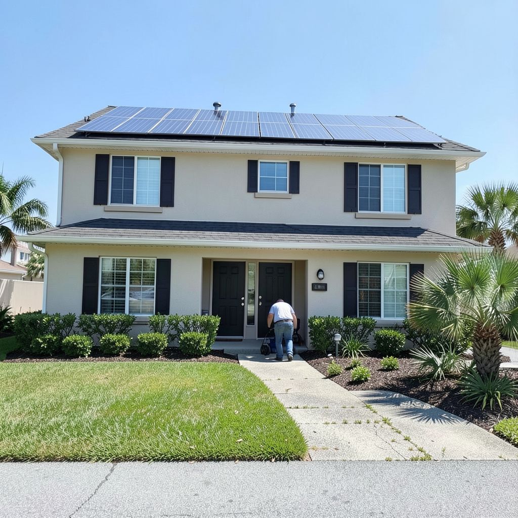 Residential solar panel cleaning in progress on a two-story home in Palm Beach Gardens Florida with clean visible panels.