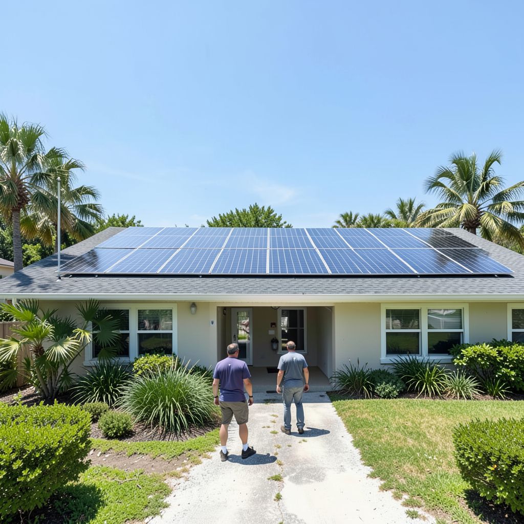 Solar panel cleaning on a single-story home in West Palm Beach Florida with technicians working on the main roof.