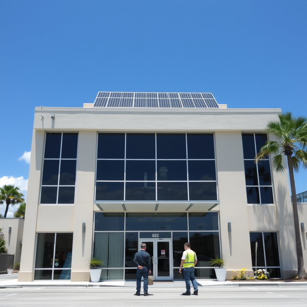 Solar panel cleaning service technicians at work on a commercial building's solar panel system in West Palm Beach, FL.