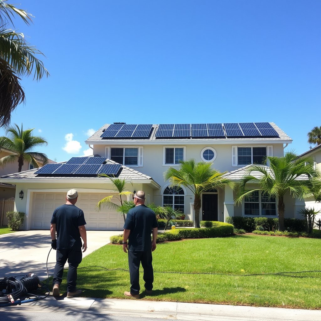 Solar panel cleaning technicians cleaning solar panels on a residential roof in West Palm Beach, FL.