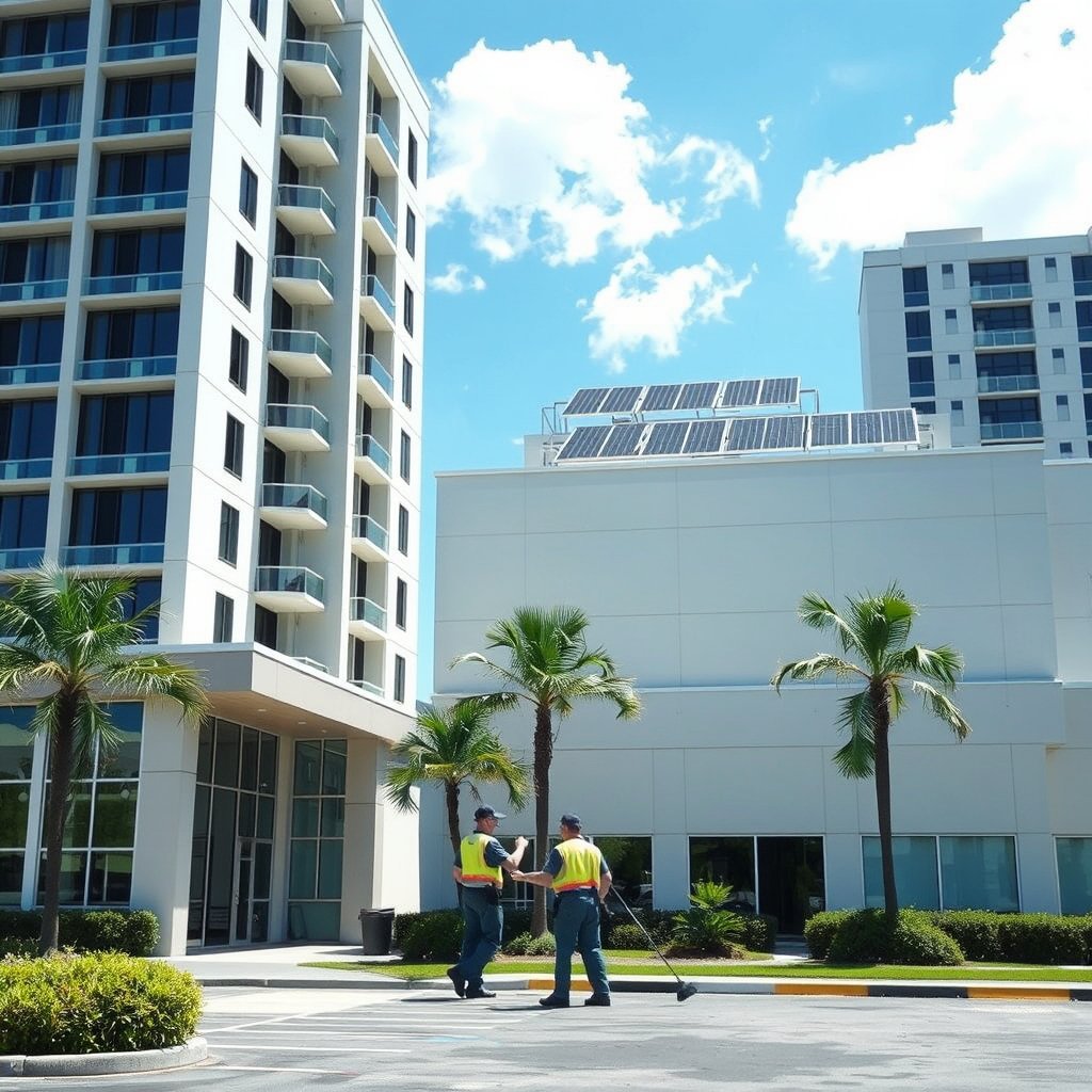 Solar panel cleaning service technicians cleaning solar panels on a white building with a flat roof in West Palm Beach, FL.