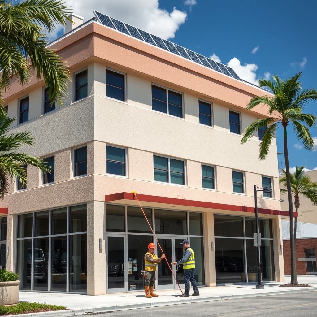 Solar panel cleaning technicians at work on a commercial rooftop in Boynton Beach, Florida.