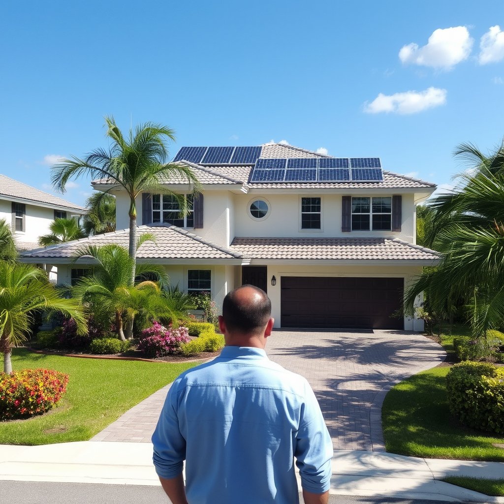 Solar panel cleaning service technicians at work on a Jupiter Florida home with solar panels on the roof.