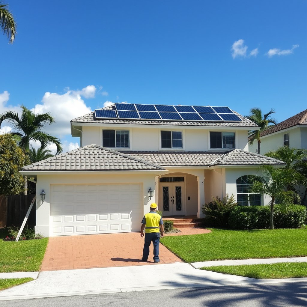 A professional solar panel cleaning service expertly maintains a residential solar panel system in Lake Worth, Florida.