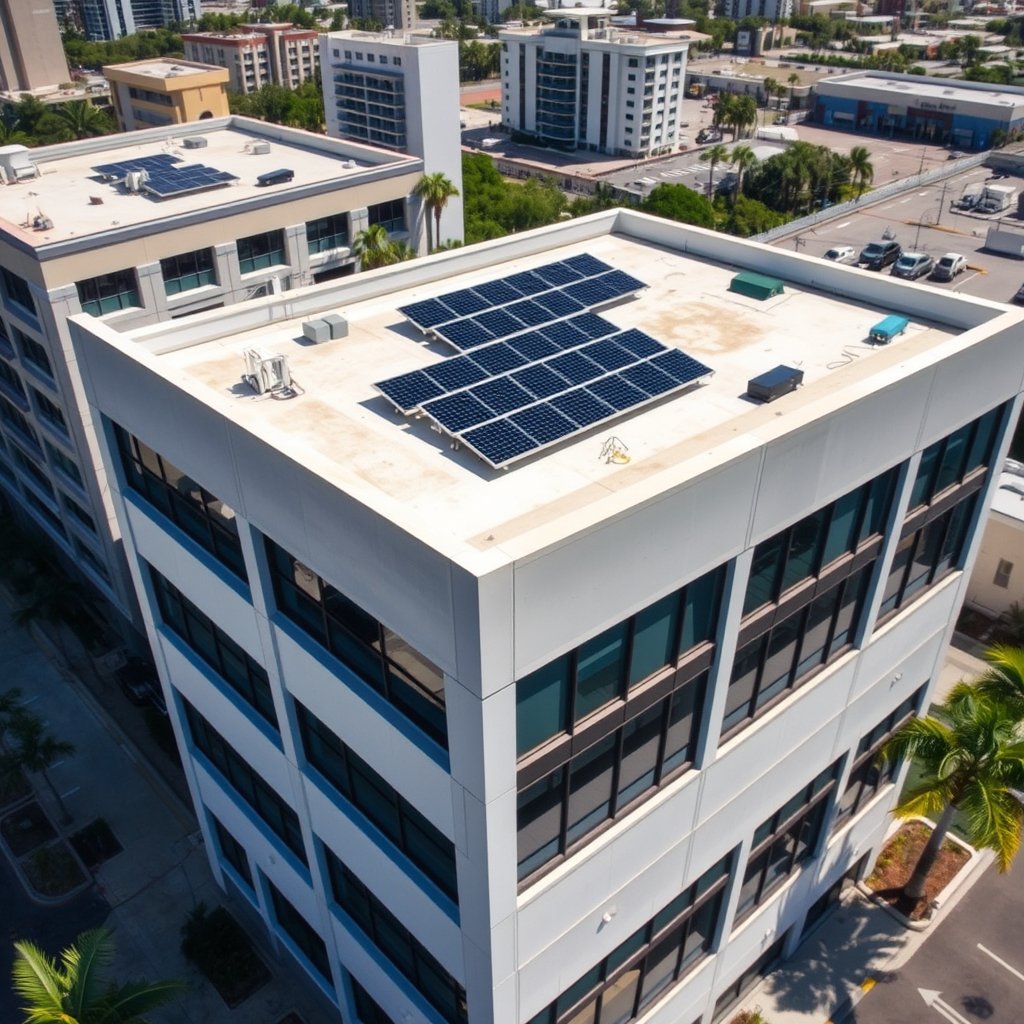 Commercial solar panel cleaning service in North Palm Beach Florida, technician cleaning rooftop solar panels.