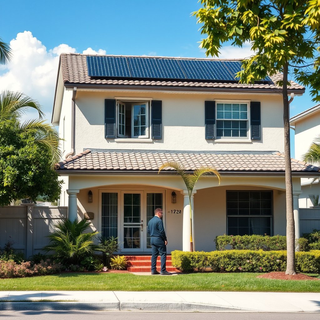 Solar panel cleaning service in progress on a two-story house with a tiled roof in Palm Beach Florida.