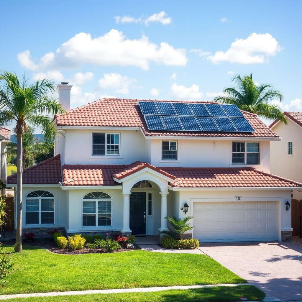 Solar panel cleaning service technician cleaning solar panels on a two-story house roof in Palm Beach Gardens, Florida.