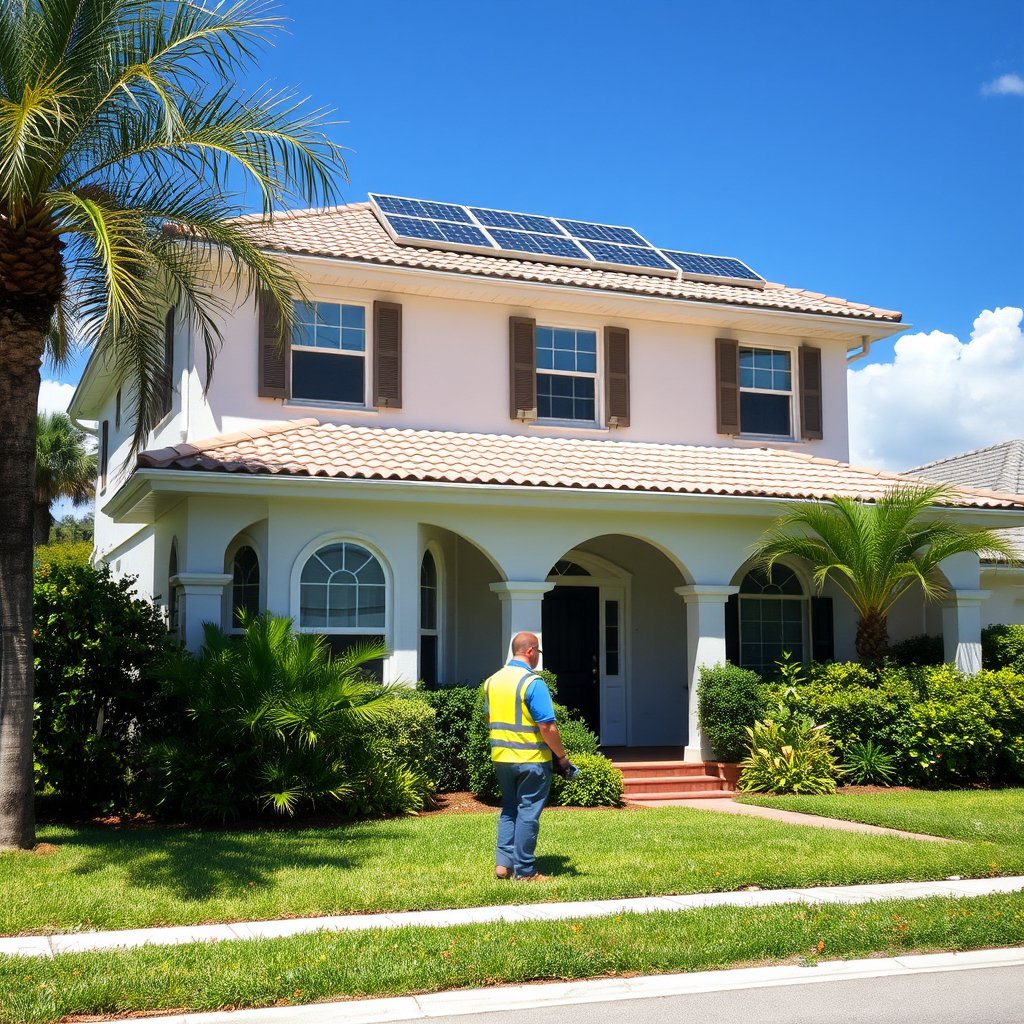 Solar panel cleaning service expertly cleaning solar panels on a two-story house with a tiled roof in West Palm Beach, Florida.