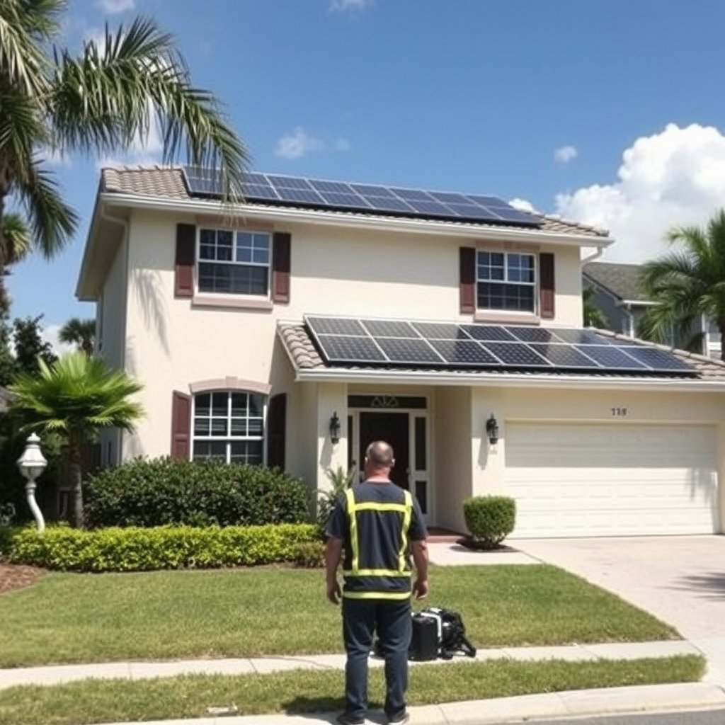 Solar panel cleaning service in West Palm Beach, FL, prepares to clean residential solar panels on a house roof.