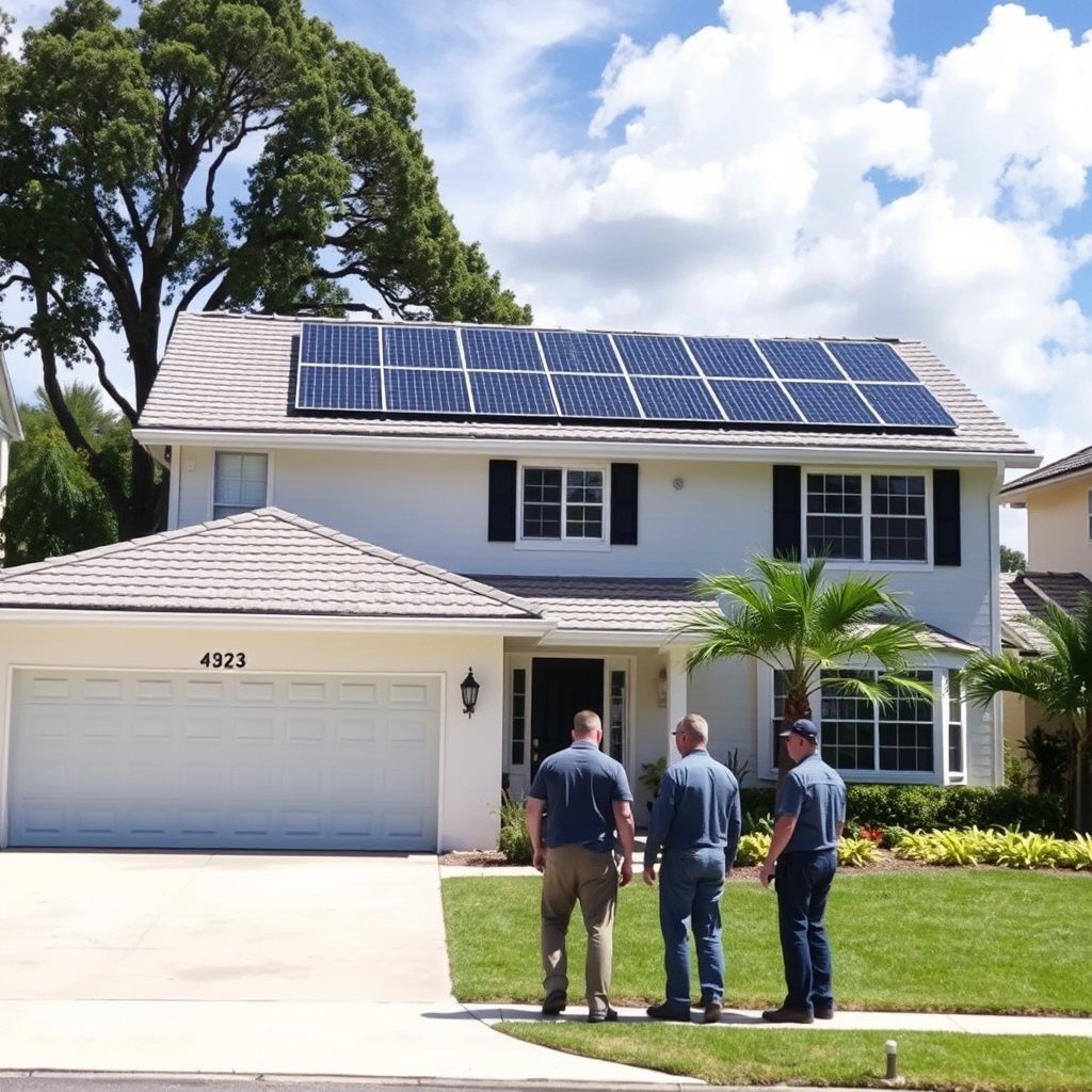 Three workers cleaning solar panels on a residential roof in Boynton Beach Florida.