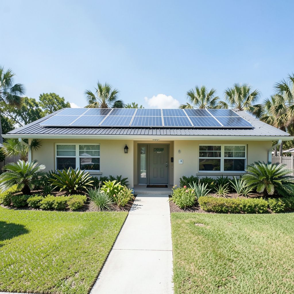 Solar panel cleaning service technicians cleaning solar panels on a residential roof in Jupiter Florida amidst lush tropical surroundings.