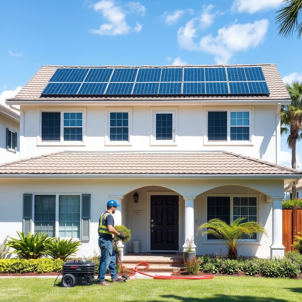 Solar panel cleaning service in progress on a two-story house with solar panels on the top floor in Lake Worth Florida.
