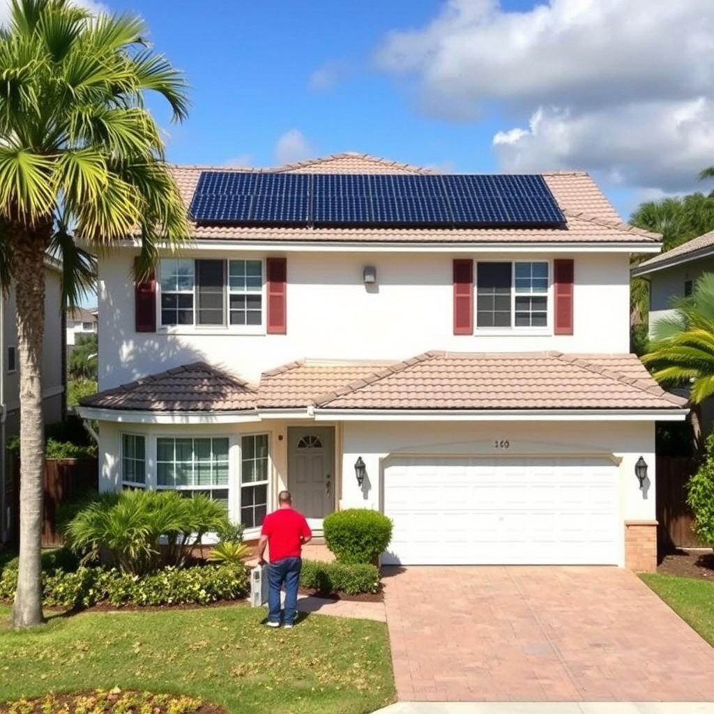 Solar panel cleaning service in progress on a North Palm Beach Florida home with solar panels and a tan roof.