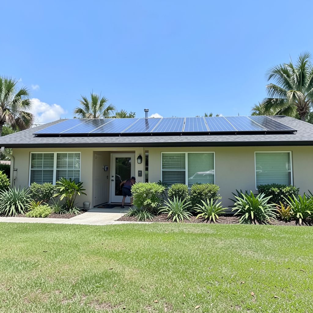Solar panel washing service technician cleaning rooftop solar panels on a single-story residential home in Palm Beach Florida.