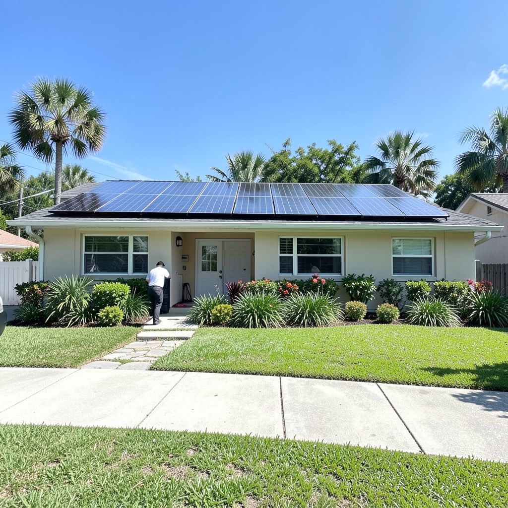 Solar panel washing service technician cleaning rooftop solar panels on a single-story home in Palm Beach Gardens Florida.