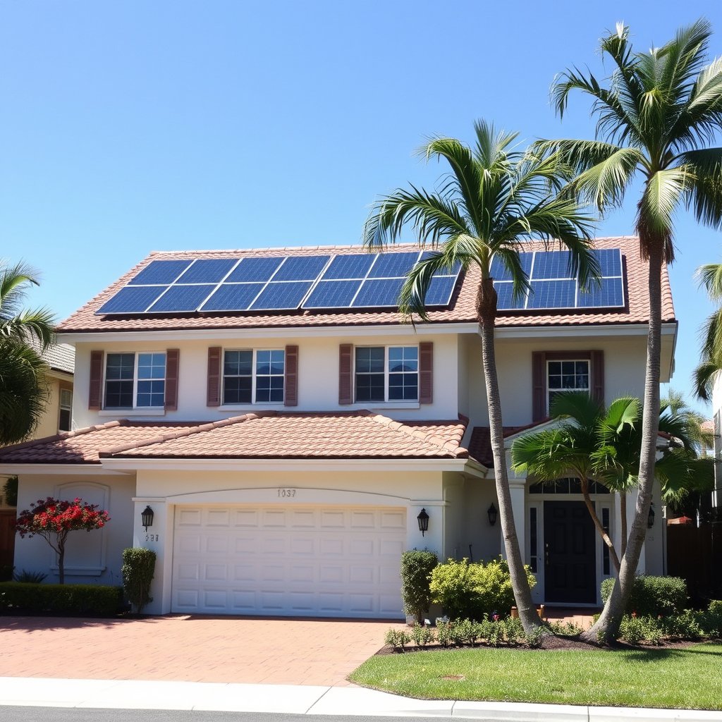 Solar panel cleaning service in West Palm Beach, Florida features a well-maintained house with solar panels and a clean driveway.