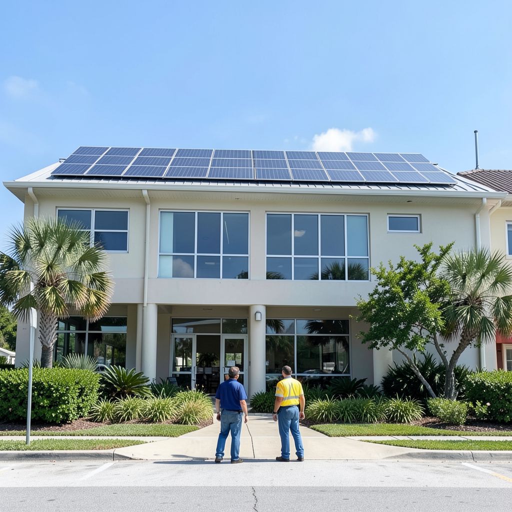 Solar power cleaning service technicians clean a rooftop solar array on a commercial building in Boynton Beach Florida with surrounding landscaping.