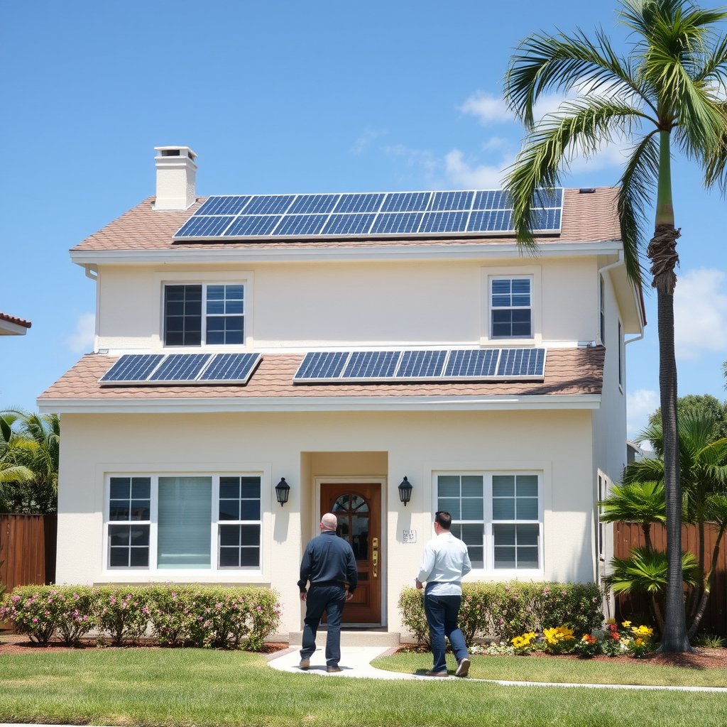 Solar panel cleaning professionals at work on a Jupiter Florida home with solar panels installed on the roof.