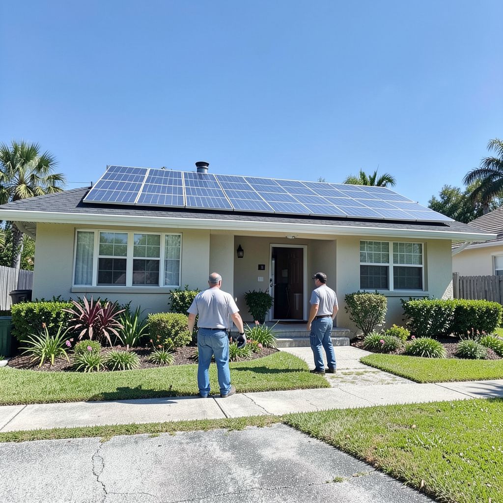 Solar power cleaning service technicians cleaning rooftop solar panels on a single-story residential home in Lake Worth Florida.