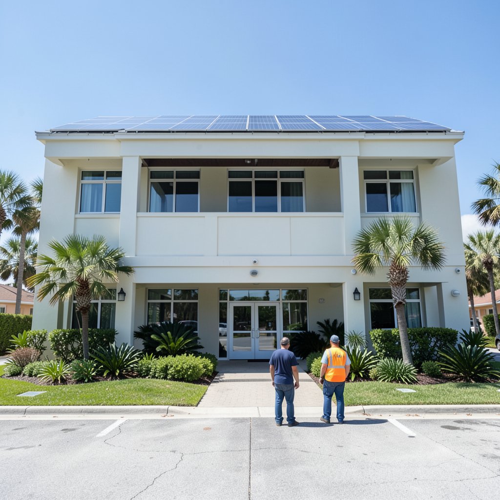 Solar power cleaning service technicians cleaning rooftop solar panels on a commercial building in North Palm Beach Florida.