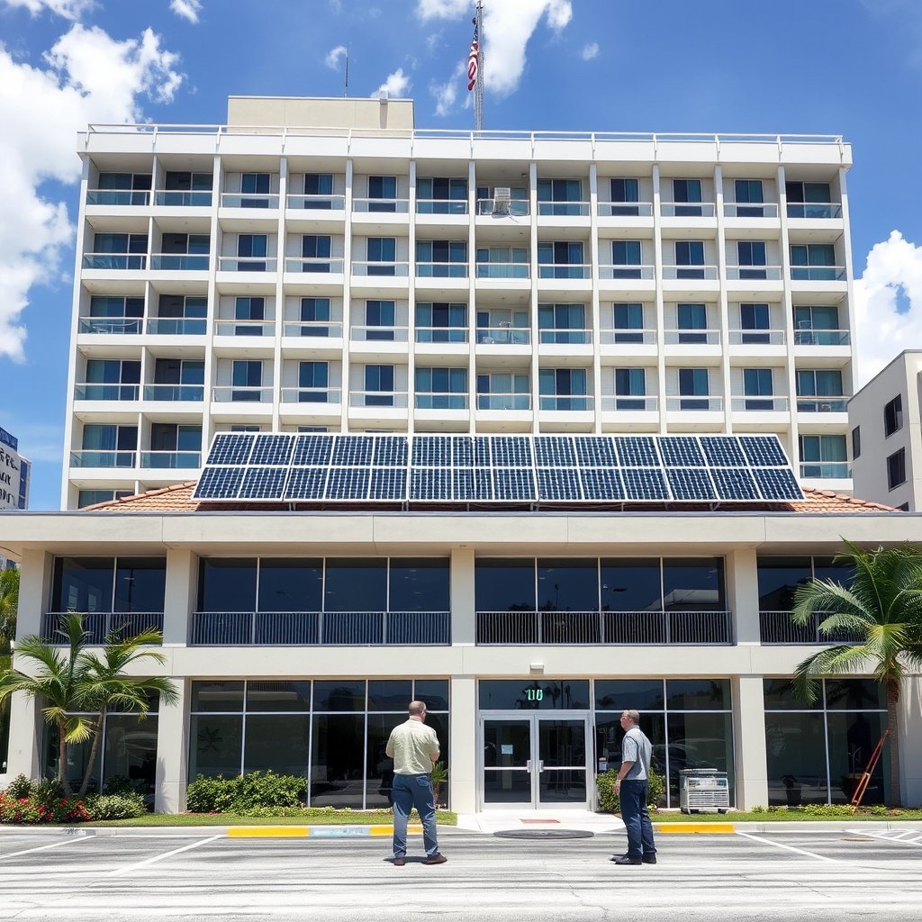 Solar panel cleaning service technicians maintaining a commercial rooftop solar array in Palm Beach Florida.