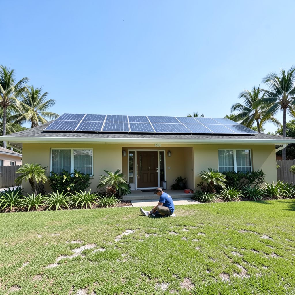 Solar power cleaning service technician at work on residential solar panels in Palm Beach Gardens Florida